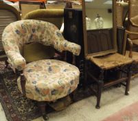 A Victorian yolk-back salon chair, a rush seat ladderback chair,