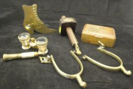 A pair of brass spurs, a pair of brass mother of pearl Opera glasses, a Marples joiners bradle,