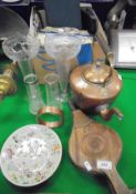 A pair of oak bellows, copper kettle, pair of cut glass vases, pair of etched glass vases,