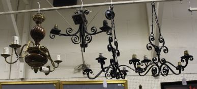 A five branch electrolier in brass and turned wood,