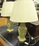 A pair of modern Chinese style green ground table lamps with gilt bases and shades