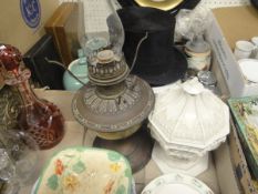 Two boxes of assorted china and other wares to include shove h'apenny board,