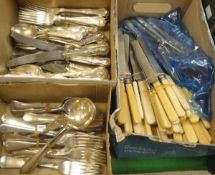 Three boxes of various plated and bone and simulated bone-handled cutlery