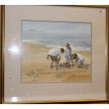 MARY GUNDRY "Making sandcastles", a study of three children playing on a sandy beach, watercolour,