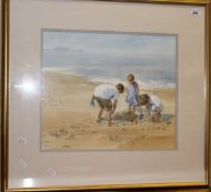 MARY GUNDRY "Making sandcastles", a study of three children playing on a sandy beach, watercolour,