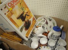 A box containing a "Cona" coffee maker, a Midwinter "Cornfield" coffee service,