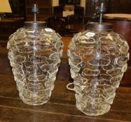 A pair of modern glass baluster shaped table lamps with applied bubble or cloud decoration