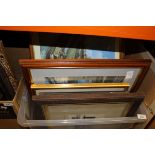 Two boxes of various pictures and prints to include black and white photographic print of "Crook