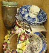 A box of miscellaneous china to include a studio pottery vase with leaf decoration,