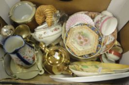 A box of assorted decorative chinaware to include a Franklin Mint paperweight as a tiger on a rock,