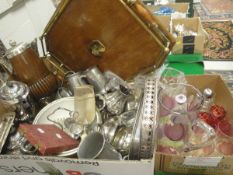 A box of various plated ware to include tea wares, dressing table wares, pewter mugs, trays, etc,