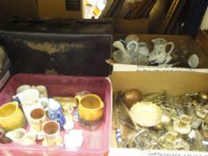 A box of assorted brassware to include candlesticks, inkwells, trinkets, etc,