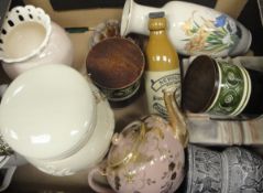A box of assorted china wares to include various storage canisters and a stone-glazed ginger beer