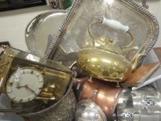 A box of various plated wares to include three trays, an EPNS three piece cruet,