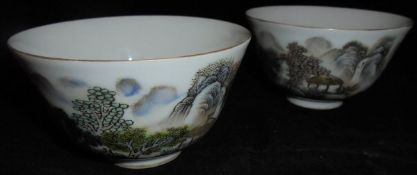 A pair of 20th Century Chinese polychrome decorated tea bowls,