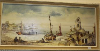 JORGE AGUILAR AGON "Figures observing Continental harbour", oil on canvas,