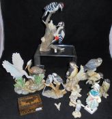 A collection of six various bird figures, three various figurines,