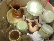 Two boxes of assorted sundry china, etc, to include a Coalport Caughley mask head jug,