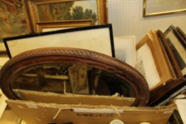 A box containing assorted engravings, oils, etc,