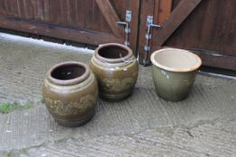 Three glazed terracotta garden pots with Chinese style decoration