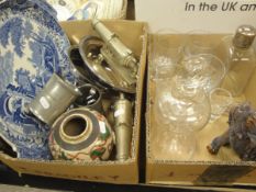 Two boxes of assorted items to include a plated salver, a Spode Italian twin-handled plate,