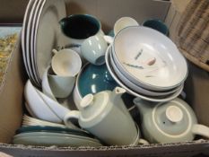 A collection of table wares to include Poole Twin Tone coffee set, Denby "Green Wheat" jug, mugs,