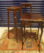 An Edwardian mahogany and inlaid two tier plant stand, an oak two tier plant stand,