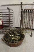 A collection of metal ware to include two copper jam pan,