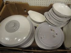 A box containing various Royal Doulton "Frost Pine" pattern dinner wares