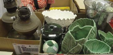 A box of various china wares to include Sylvac vases, green pottery ball ornaments,