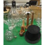 A collection of various glassware including 19th Century scientific apparatus, funnel, globe flasks,