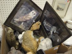 A box of assorted owl ornaments, together with two pictures,