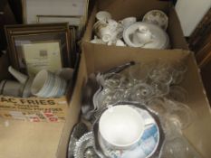 Three boxes of sundry items containing a Sadler "Wellington" part tea service,