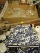 A box containing assorted Royal Worcester "Willow" pattern and other "Willow" pattern tea wares,