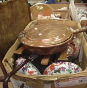 Three boxes of sundry items to include a Chinese lacquered rice carrier, copper pan,