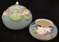 A Franz Porcelain "Lotus" design covered jar (boxed) and a floral decorated bowl with a "Butterfly"