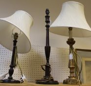 Two turned wooden table lamps plus a gilt effect table lamp