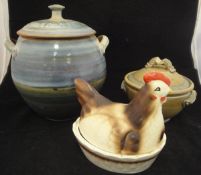 A Le Don pottery crock and cover, another larger studio pottery crock and cover,