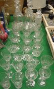 A collection of various cut glassware including two mallet shaped decanters,