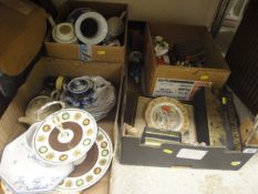 Four boxes of sundry china and other items to include cake stand, vase,
