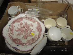 A box of various china and glassware to include Royal Commemorative mugs,