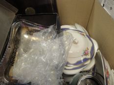A box containing a quantity of various china wares to include teapot, cups and saucers, sugar bowl,