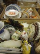 Two boxes of assorted china wares to include a pair of Imari palette cat figurines,