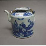 A Chinese cylindrical tea kettle and cover, with under glazed blue decoration,