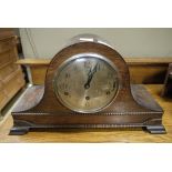 An oak cased Napoleon hat mantel clock with three train movements,