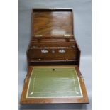 A walnut table desk with fold out writing surface, stationery box, etc,