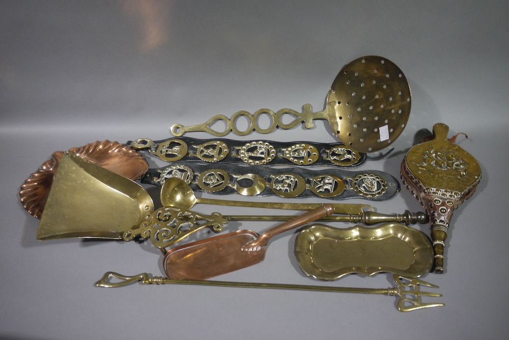 A small quantity of brass copper ware including chrome scoop bellows, horse brasses, poker,