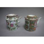 A Cantonese cylindrical teapot and cover, decorated in typical palette, with figures,