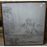 A pair of Chinese watercolours on fabric, framed and glazed, a large Chinese print, framed,