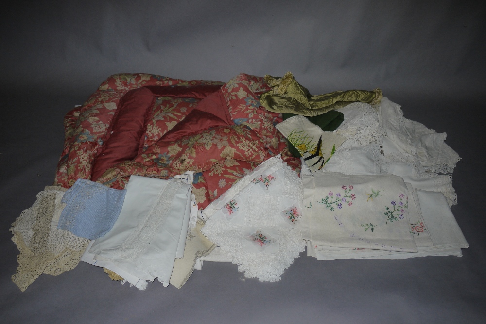 Mixed table linens to include embroidered, damask drawn thread, crocheted,